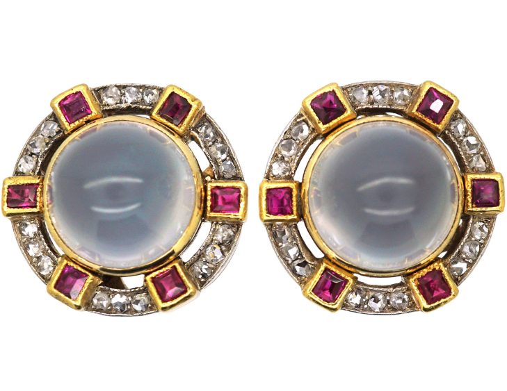Art Deco 18ct Gold & Platinum, Moonstone Ruby & Diamond Cluster Earrings