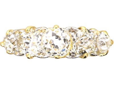 Victorian 18ct Five Stone Old European Cut Diamond Carved Half Hoop Ring