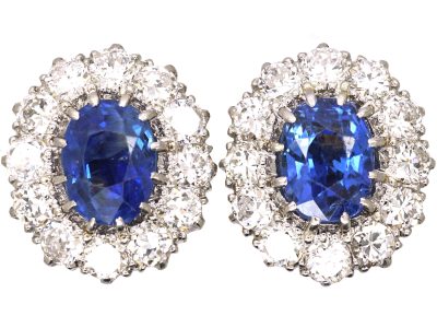 Early 20th Century 18ct White Gold Large Sapphire & Diamond Cluster Earrings