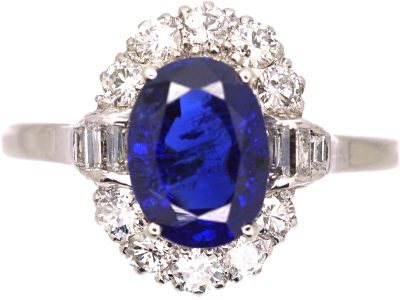 Art Deco 18ct White Gold Burma Sapphire & Diamond Oval Cluster Ring with Baguette Diamond Shoulders