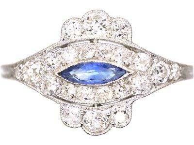 Art Deco Platinum Ring set with a Marquise Cut Sapphire & Diamonds