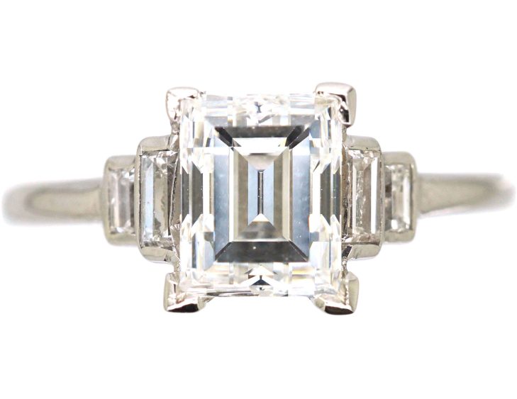 Art Deco Platinum Diamond Solitaire Ring with Baguette Diamond Shoulders