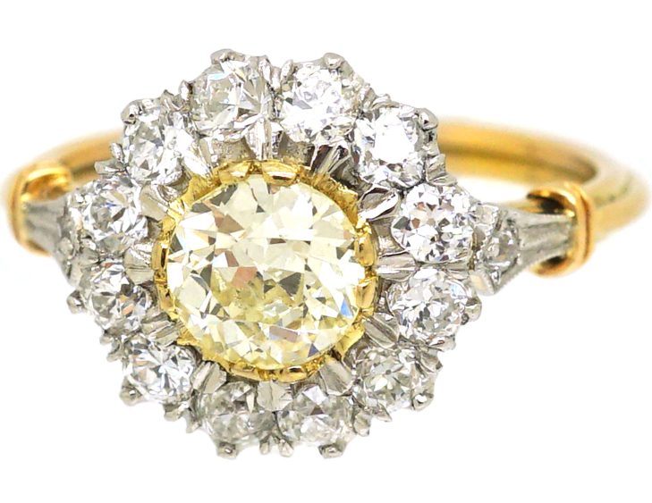 Edwardian 18ct Gold & Platinum Diamond Cluster Ring with a Yellow Diamond in the Centre