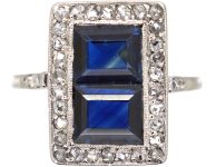 Art Deco Platinum Rectangular Ring set with Two Sapphires & Diamonds
