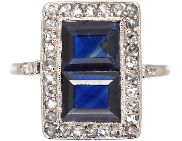 Art Deco Platinum Rectangular Ring set with Two Sapphires & Diamonds