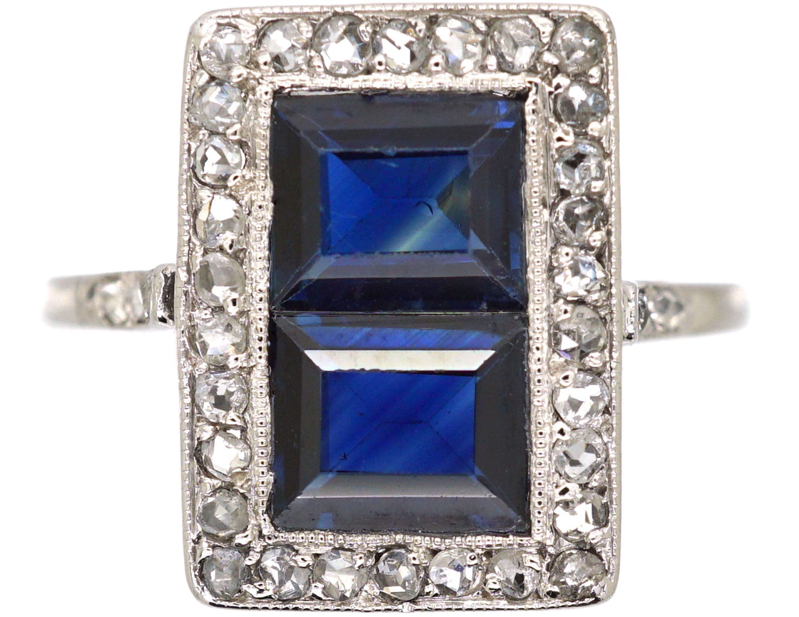 Art Deco Platinum Rectangular Ring set with Two Sapphires & Diamonds ...
