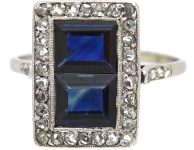 Art Deco Platinum Rectangular Ring set with Two Sapphires & Diamonds