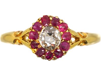 Edwardian 18ct Gold Diamond & Ruby Cluster Ring