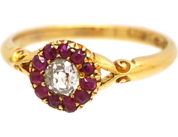 Edwardian 18ct Gold Diamond & Ruby Cluster Ring