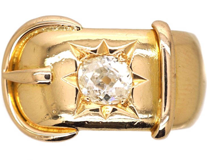 Victorian 18ct Gold Wide Buckle Ring set with a Diamond