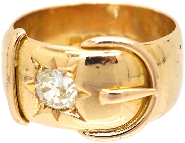 Victorian 18ct Gold Wide Buckle Ring set with a Diamond
