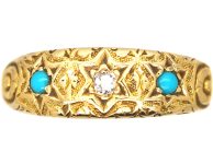 Victorian 18ct Gold Star Ring set with a Diamond & Two Turquoise