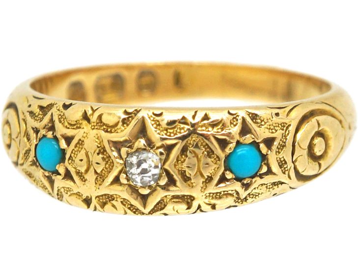 Victorian 18ct Gold Star Ring set with a Diamond & Two Turquoise