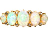 Edwardian 18ct Gold Five Stone Opal Ring with Rose Diamond Points