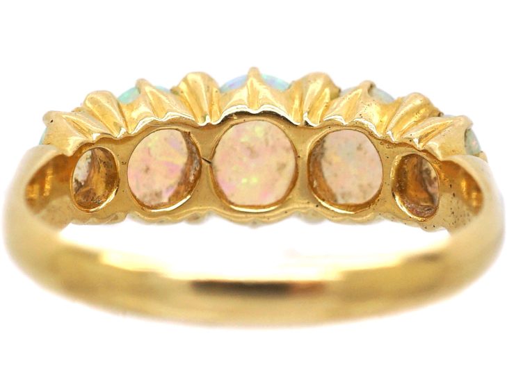 Edwardian 18ct Gold Five Stone Opal Ring with Rose Diamond Points