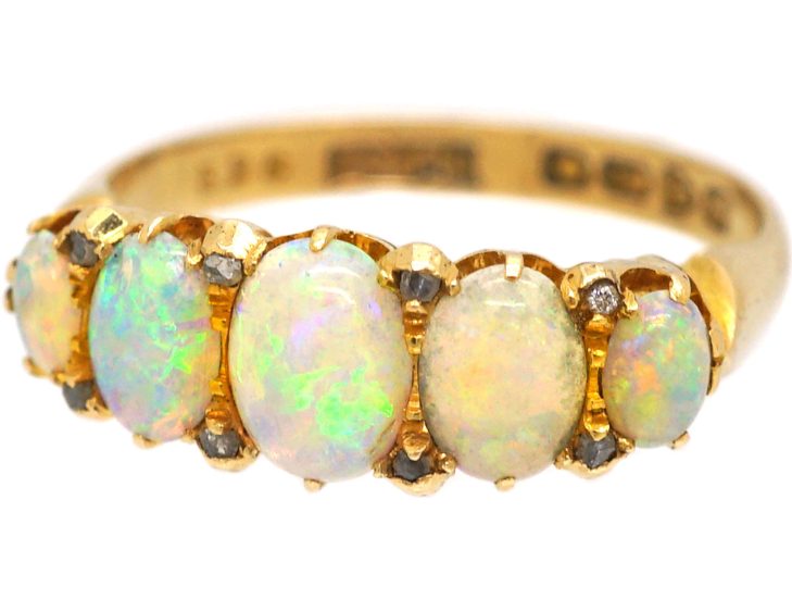 Edwardian 18ct Gold Five Stone Opal Ring with Rose Diamond Points