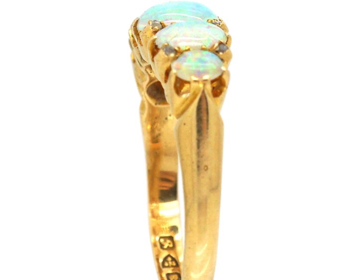 Edwardian 18ct Gold Five Stone Opal Ring with Rose Diamond Points
