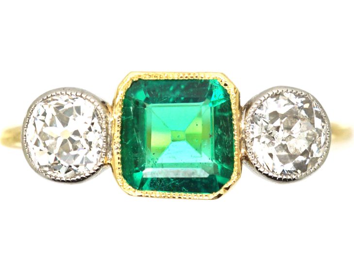 Early 20th Century 18ct Gold & Platinum Emerald & Diamond Three Stone Ring