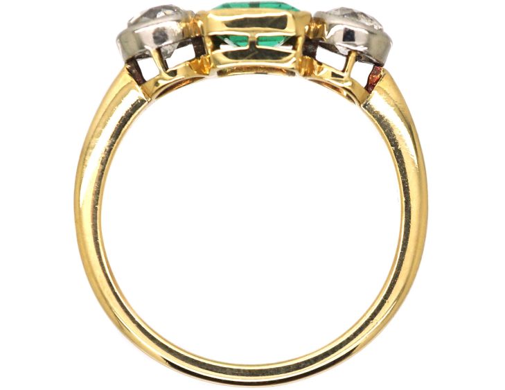 Early 20th Century 18ct Gold & Platinum Emerald & Diamond Three Stone Ring