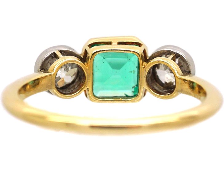 Early 20th Century 18ct Gold & Platinum Emerald & Diamond Three Stone Ring