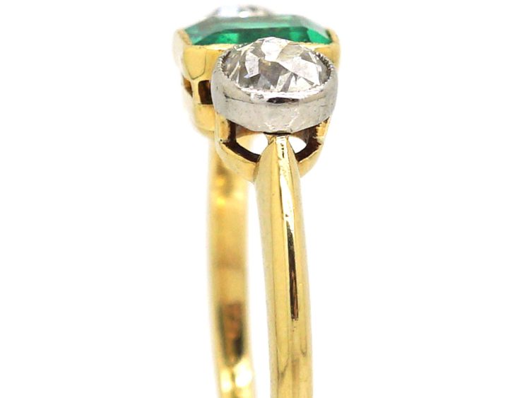 Early 20th Century 18ct Gold & Platinum Emerald & Diamond Three Stone Ring