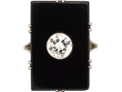 Art Deco 18ct White Gold & Platinum Large Rectangular Onyx Ring set with a Diamond