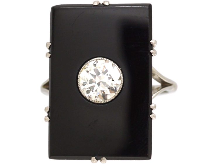 Art Deco 18ct White Gold & Platinum Large Rectangular Onyx Ring set with a Diamond