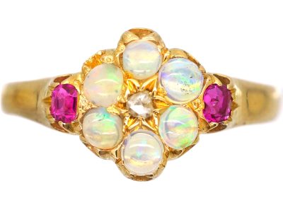 Early 20th Century 18ct Gold Opal & Rose Diamond Cluster Ring with Ruby Shoulders