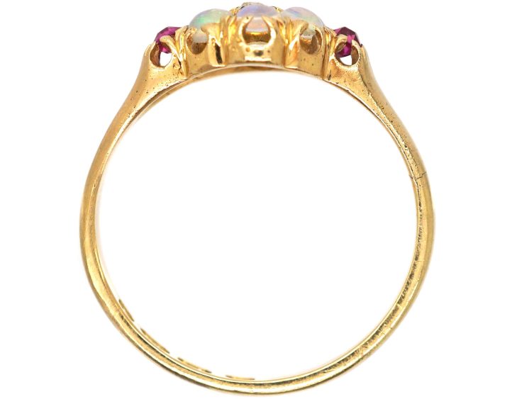 Early 20th Century 18ct Gold Opal & Rose Diamond Cluster Ring with Ruby Shoulders