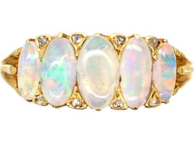 Victorian 18ct Gold Five Stone Opal & Rose Diamond Ring