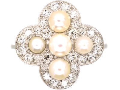 Edwardian Platinum, Diamond & Natural Pearl Quatrefoil Ring