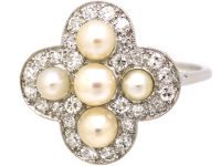 Edwardian Platinum, Diamond & Natural Pearl Quatrefoil Ring