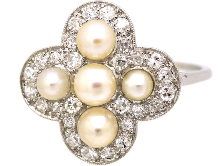 Edwardian Platinum, Diamond & Natural Pearl Quatrefoil Ring