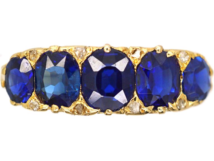 Victorian 18ct Gold Five Stone Sapphire Carved Half Hoop Ring