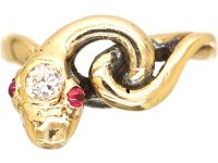 Victorian 18ct Gold Coily Snake Ring with a Diamond & Ruby Eyes