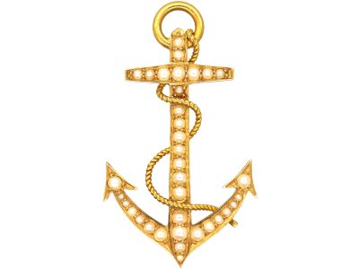 Victorian 15ct Gold Anchor Brooch set with Natural Split Pearls
