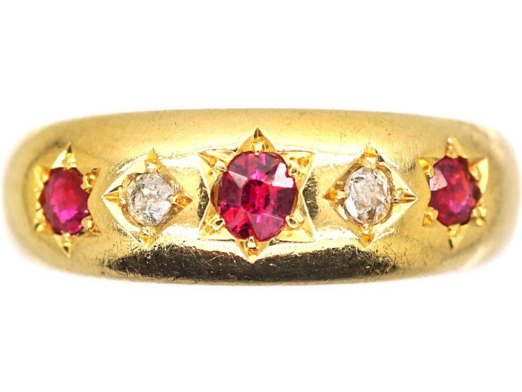 Edwardian 18ct Gold, Five Stone Ruby & Diamond Gypsy Ring
