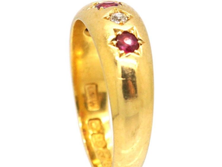 Edwardian 18ct Gold, Five Stone Ruby & Diamond Gypsy Ring