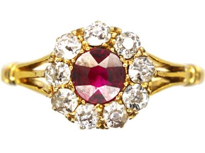 Victorian 18ct Gold Ruby & Diamond Cluster Ring with Split Shoulders