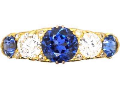 Edwardian 18ct Gold Five Stone Sapphire & Diamond Carved Half Hoop Ring