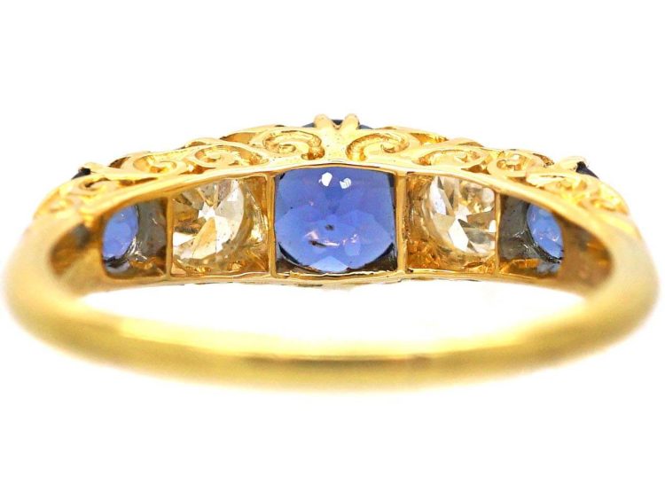 Edwardian 18ct Gold Five Stone Sapphire & Diamond Carved Half Hoop Ring