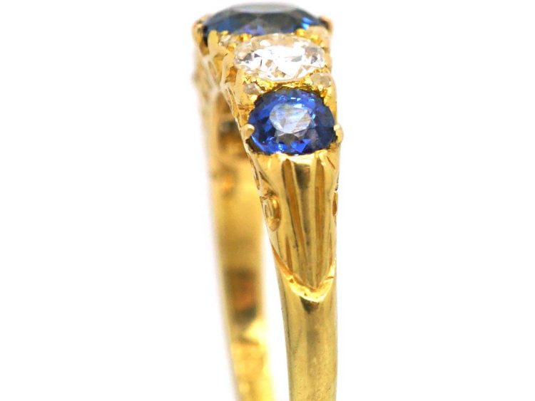 Edwardian 18ct Gold Five Stone Sapphire & Diamond Carved Half Hoop Ring