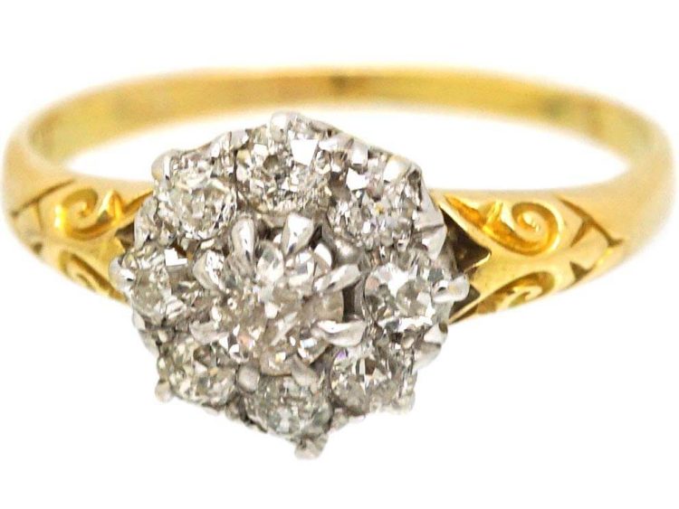 Edwardian 18ct Gold Diamond Cluster Ring with Ornate Shoulders