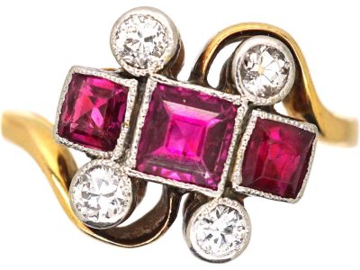 Art Deco 18ct Gold & Platinum Ornate Twist Ring set with Rubies & Diamonds