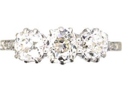 Early 20th Century 18ct Gold & Platinum, Three Stone Diamond Ring with Diamond Set Shoulders