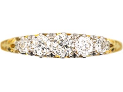 Edwardian 18ct Gold, Five Stone Diamond Carved Half Hoop Ring