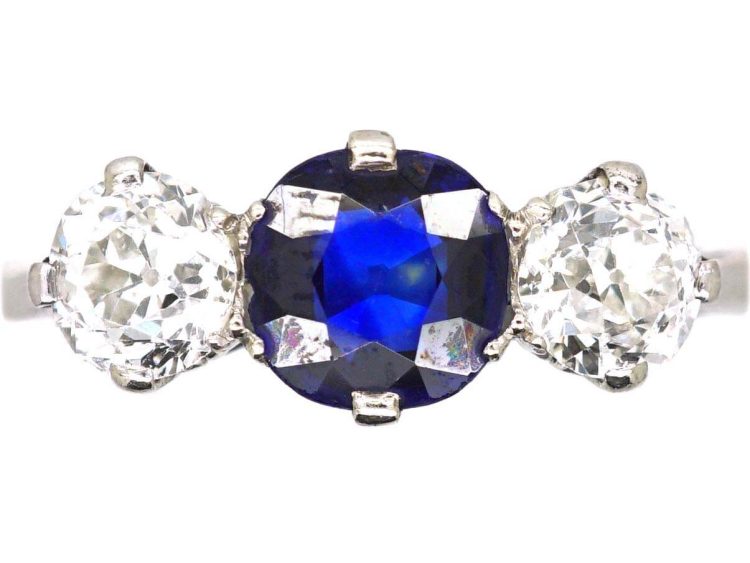 Early 20th Century Platinum & 18ct Gold, Sapphire & Diamond Three Stone Ring