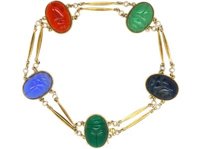 Art Deco 15ct Gold & Natural Pearl Scarab Hardstone Bracelet