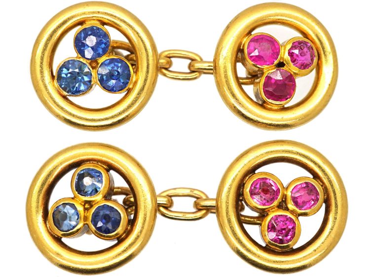 French 18ct Gold Round Cufflinks set with Rubies & Sapphires