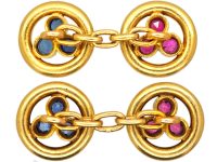 French 18ct Gold Round Cufflinks set with Rubies & Sapphires